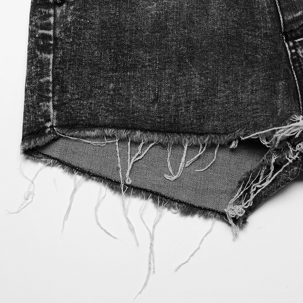 Black high-waisted lace-trim denim shorts with emphasis on frayed hem detail and gothic punk styling elements