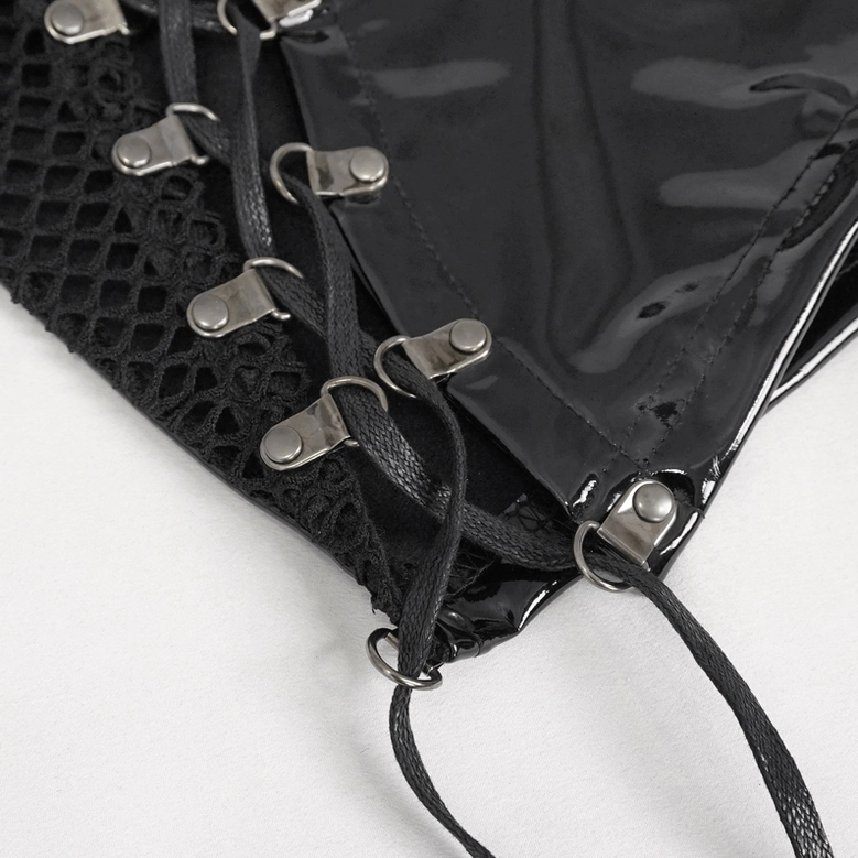 Side close-up detail of patent leather gothic shorts lace-up assembly with metal eyelets and black lace straps