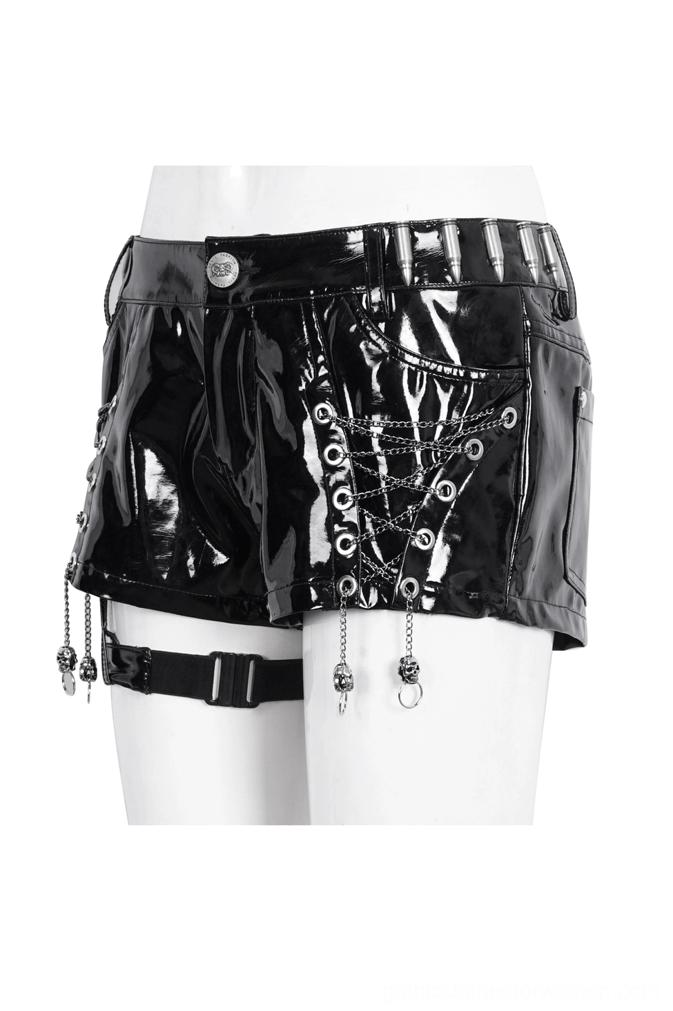 Glossy black patent leather gothic shorts with front lace-up grommet design and metal waist button detail on mannequin