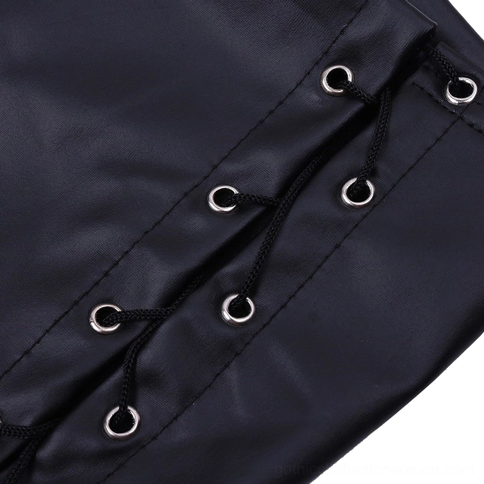 Metal eyelet hardware and black drawstring lace-up detail for gothic shorts, showing reinforced stitching and industrial closure