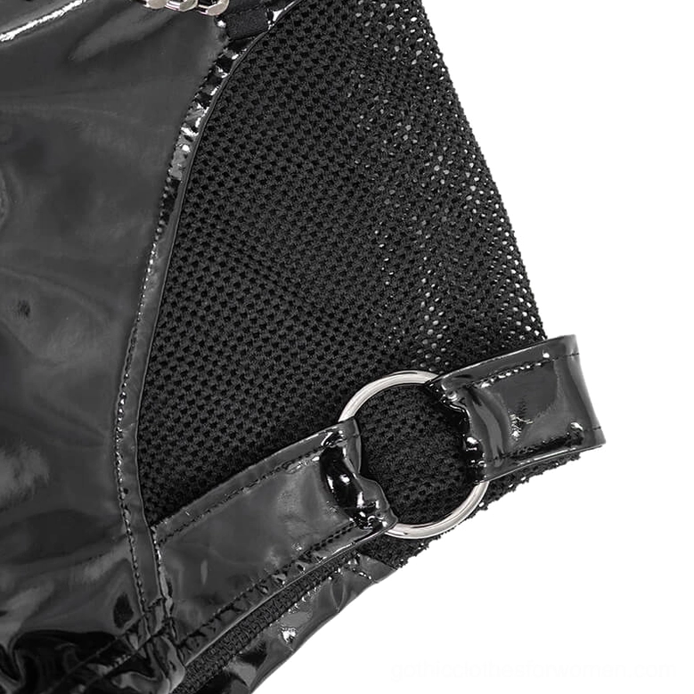 Corner close-up detail of gothic shorts showing metal O-ring buckle, mesh fabric, and stitched seams