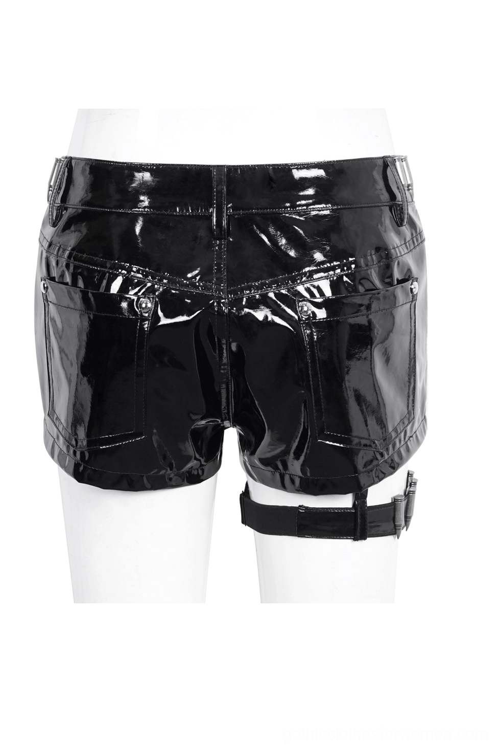 Black patent leather gothic shorts rear view showcasing back pocket design and leg harness strap with sleek glossy finish