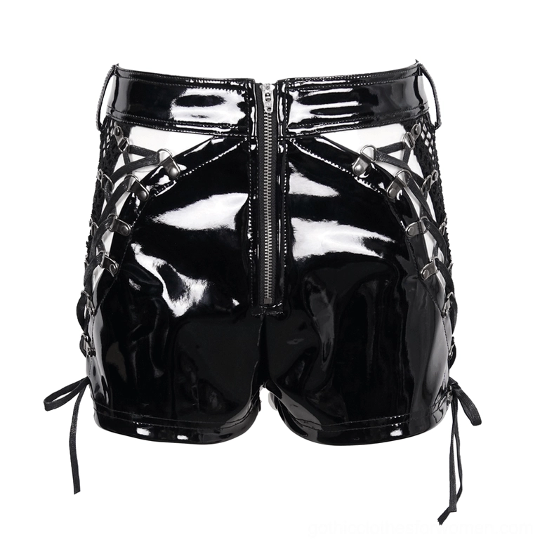 Rear overhead view of gothic patent leather shorts showing dual back pockets and crisscross waist strap design