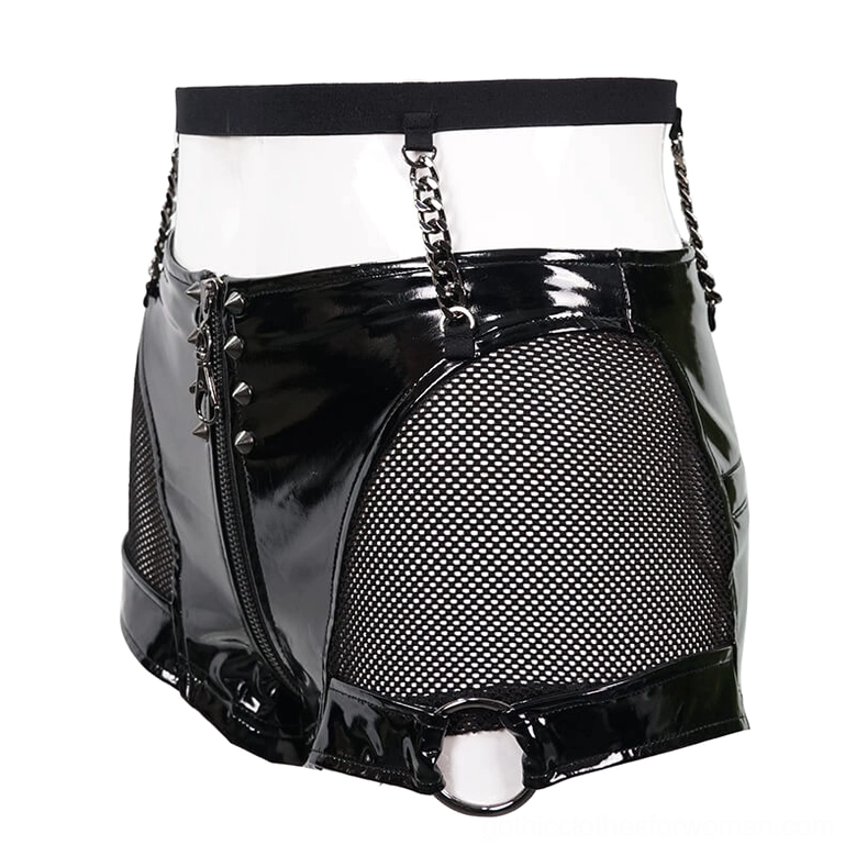 Rear three-quarter view of black gothic shorts on mannequin with mesh panels and chain waist