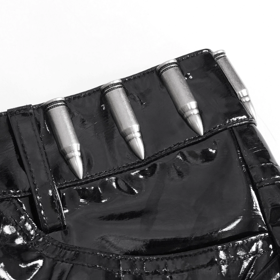 Patent leather gothic shorts side view highlighting chain attachments and functional leg harness system