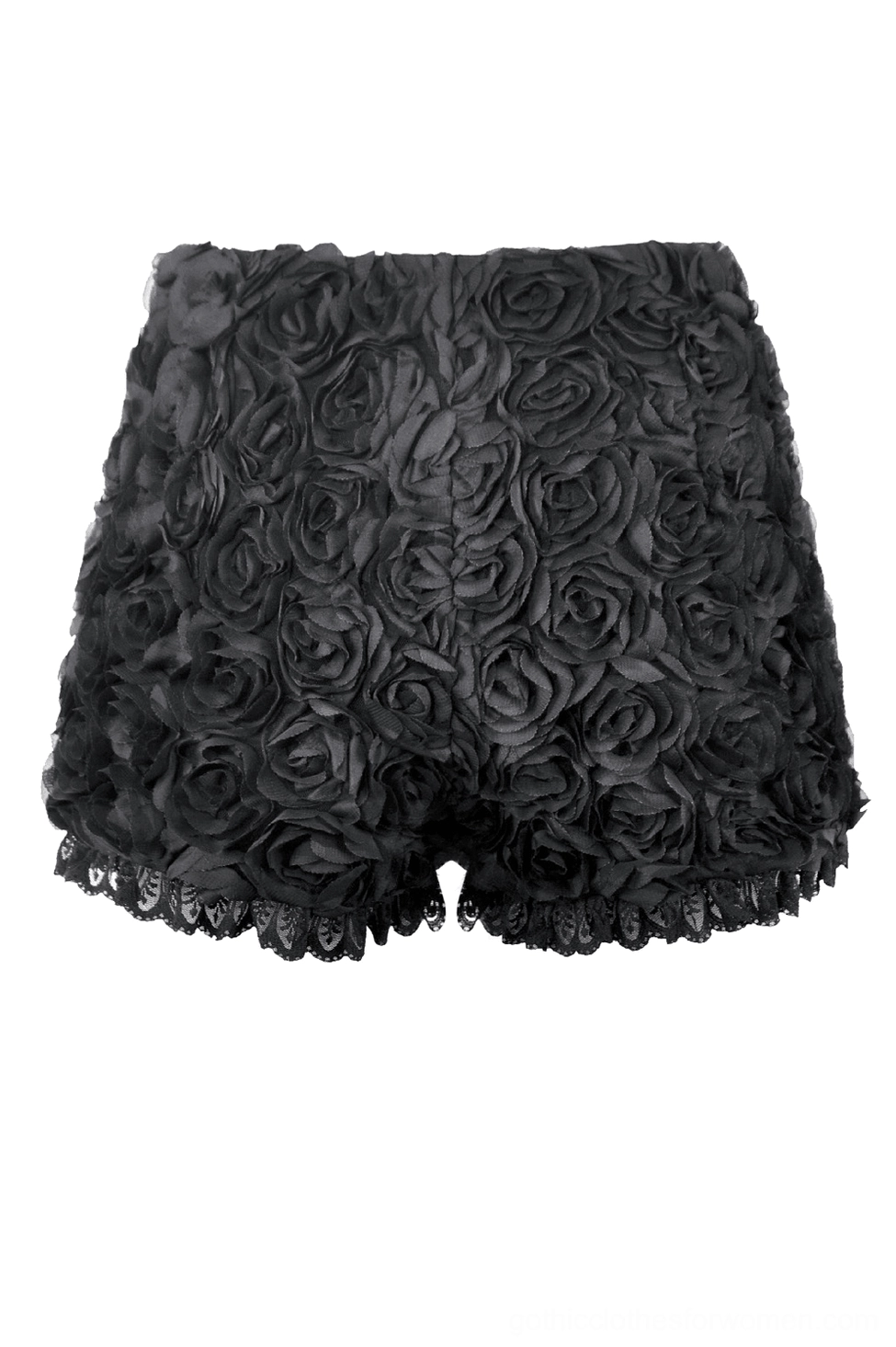 Black gothic rose shorts side flat lay angle displaying tailored fit and ruffled lace hem edge