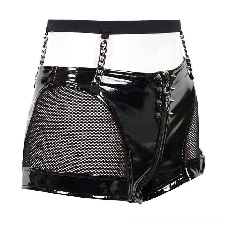 Mannequin display of patent leather mesh gothic shorts showing side chain hardware and spike details