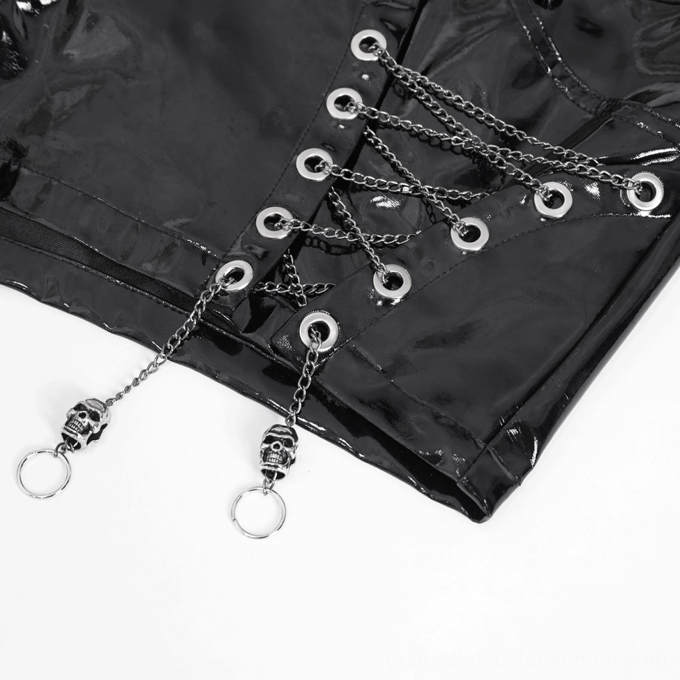 Mannequin wearing glossy black gothic shorts with complete chain and grommet detailing from side angle
