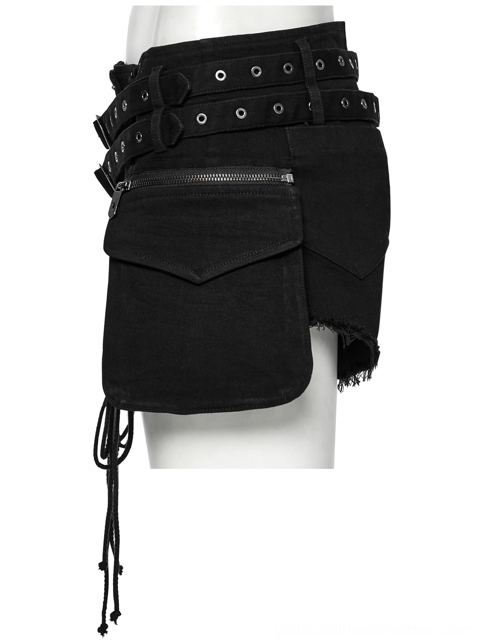 Side profile close-up of gothic lace-up shorts highlighting double waist belts, zippered detachable canvas pouch, and frayed raw hem edge