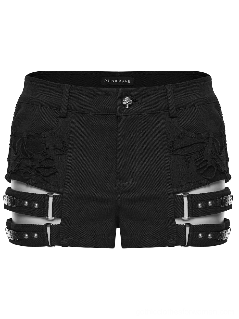 Flat lay front view of gothic punk shorts, skull-shaped metal button detail, side buckle straps