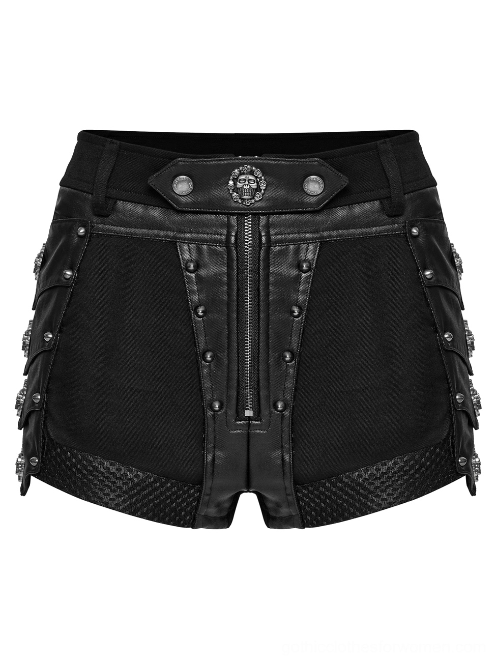 Detailed flat lay of gothic black shorts displaying skull fasteners, rivet trims, mesh hem details, and layered armor-fragment construction