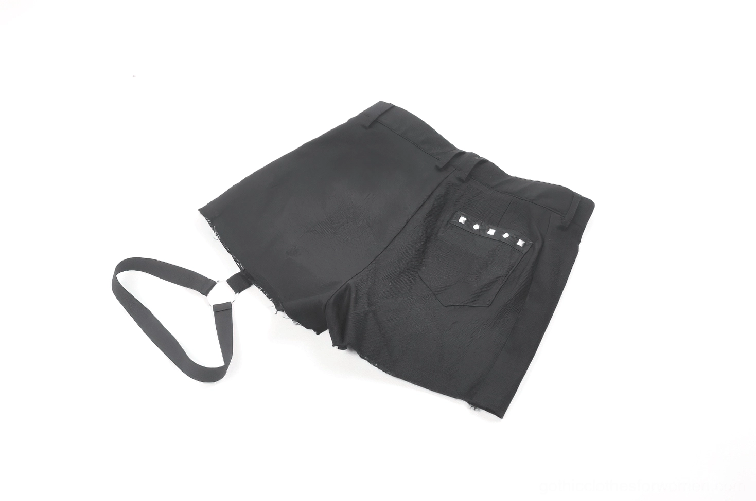 Rear side angle of black gothic shorts featuring studded pocket detail and detachable O-ring strap attachment