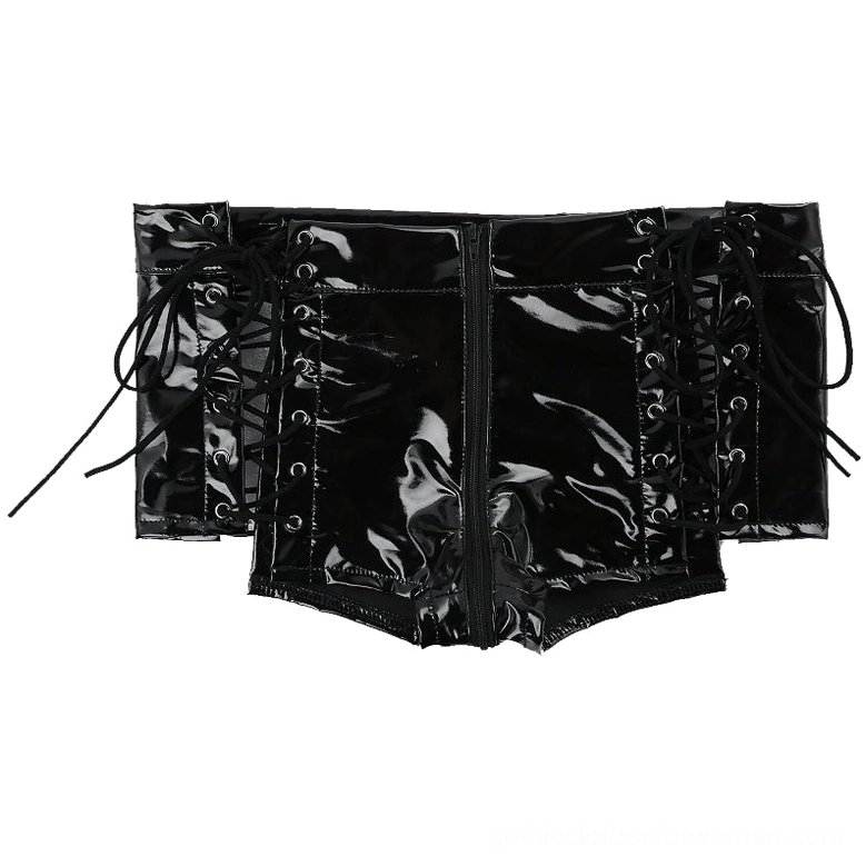 Top oblique view of folded black patent leather gothic shorts with double side lace-up design