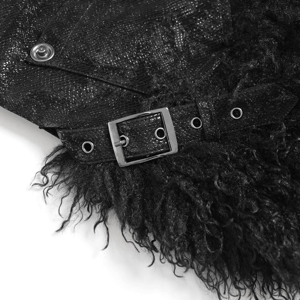 Black gothic shorts waist and button construction detail showing craftsmanship and metal hardware placement