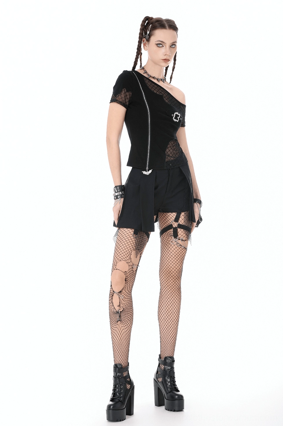 Gothic mesh shorts with zipper closure and adjustable suspension belt system, functional detail view