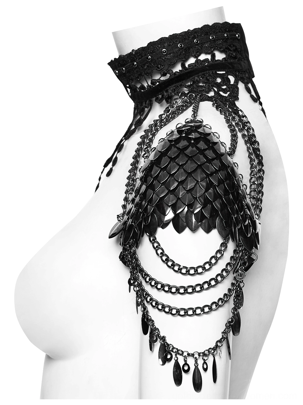 Gothic shoulder armor choker front view on mannequin showing neat scale armor pieces and uniform layered chain tassel design