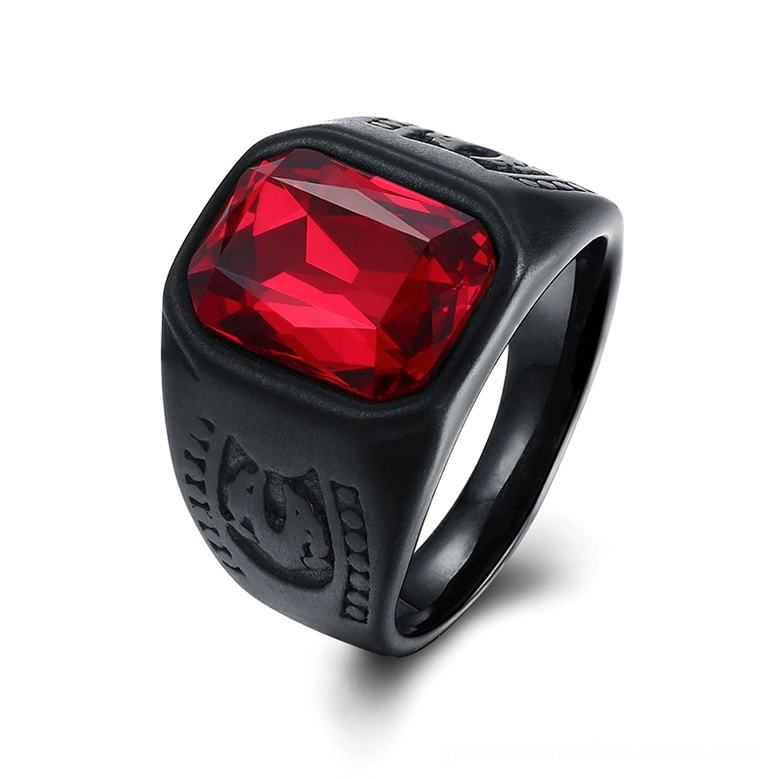 Black signet ring large red rectangular gem engraved band details gothic design oblique side angle