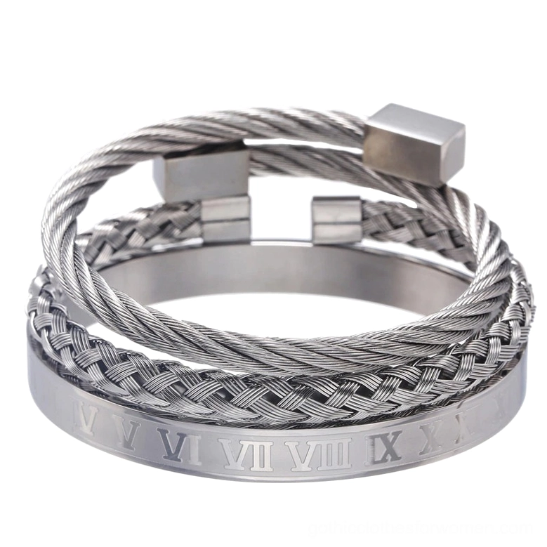 Silver stainless steel gothic trinity bangle set featuring twisted cable detailing and Roman numeral engravings, polished dark metal bracelets