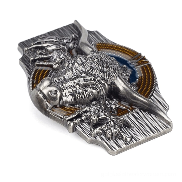 Gothic silver bull head occult buckle close-up, vintage western-inspired metal casting, statement accessory detail