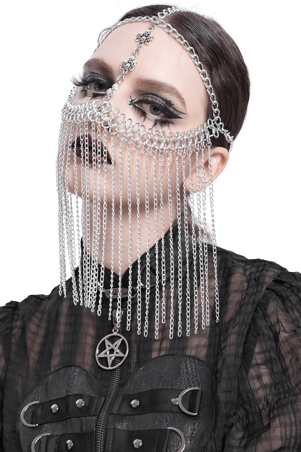 Silver chain gothic face veil headpiece with cross ornaments worn by model with dramatic gothic makeup, front view