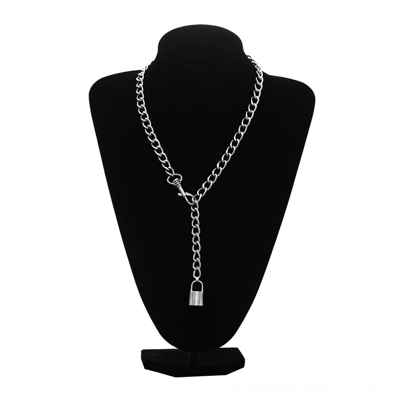 Silver padlock pendant choker necklace with Y-shaped lariat design displayed on black mannequin