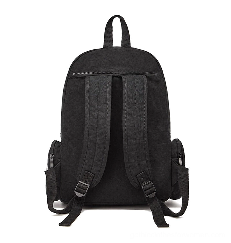 Rear view of black skeleton backpack showing padded back panel and adjustable shoulder straps