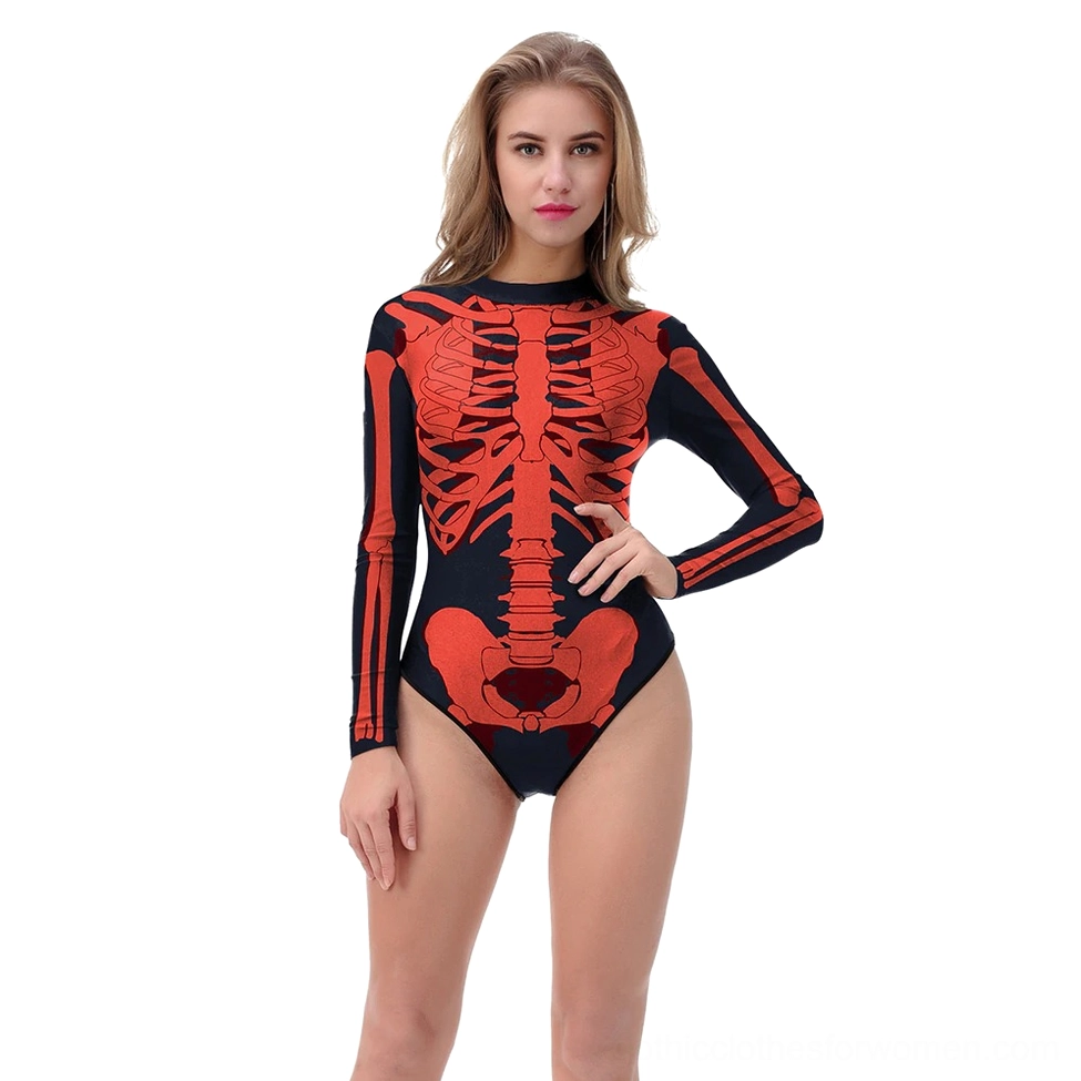 Gothic skeleton long-sleeve swimsuit black and red front view on model