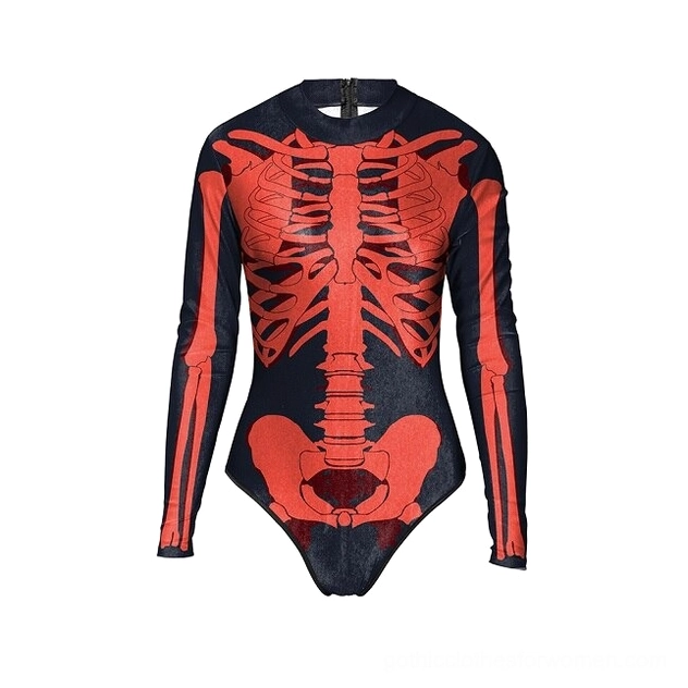 Skeleton printed gothic swimsuit flat lay red skeleton design