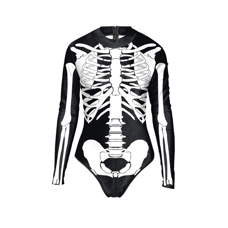 Long-sleeve skeleton swimsuit flat lay white print gothic aesthetic
