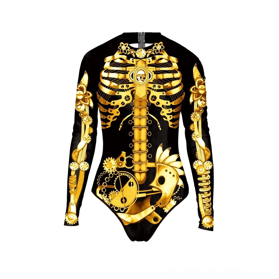 Flat lay front view of long-sleeve gothic swimwear with gold skeleton print, showing high neck and back zipper closure detail