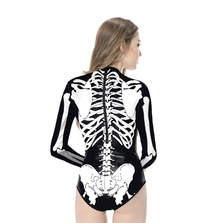 Gothic swimwear side back view showing skeleton artwork and back zipper