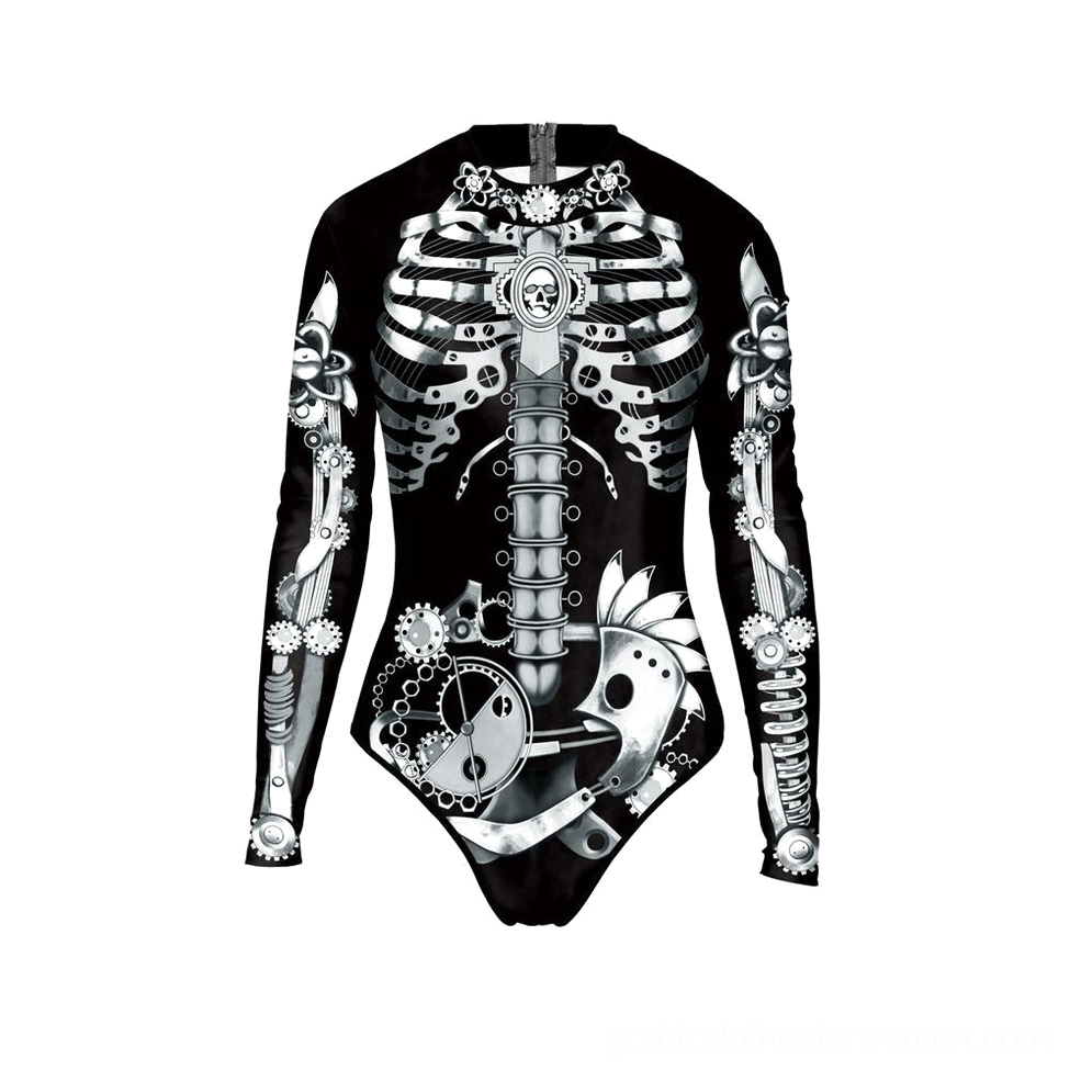 Flat lay back view of gothic one-piece swimsuit with silver skeleton print, displaying full-length sleeve construction and zipper
