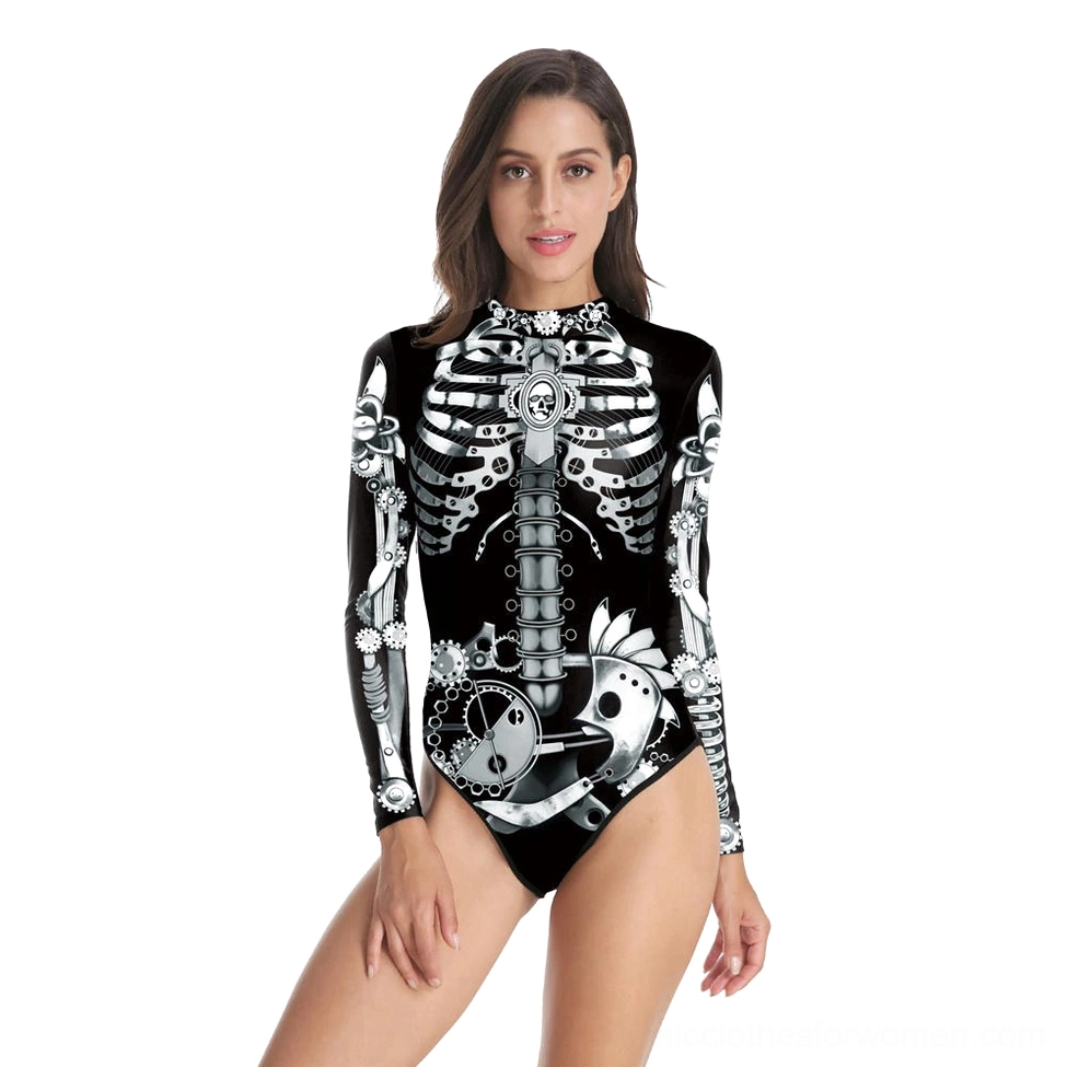 Women's gothic one-piece swimsuit with silver mechanical skeleton 3D print, full-length sleeves, front view on model