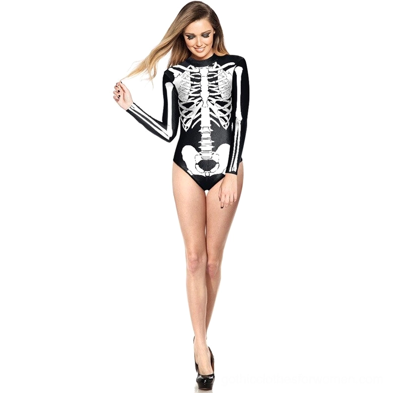 Gothic skeleton swimsuit full body on model with black heels front view