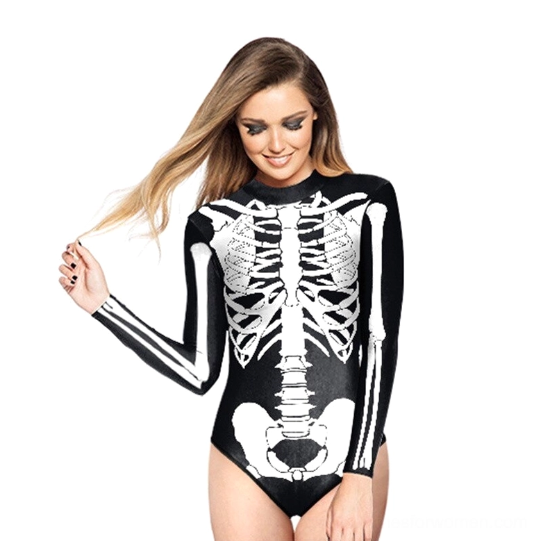 Skeleton print long-sleeve one-piece swimsuit black and white design