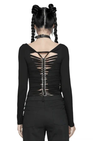 Gothic skeleton print long sleeve top back view showing dramatic lace-up cutout with black metal O-ring details and ruching on female model