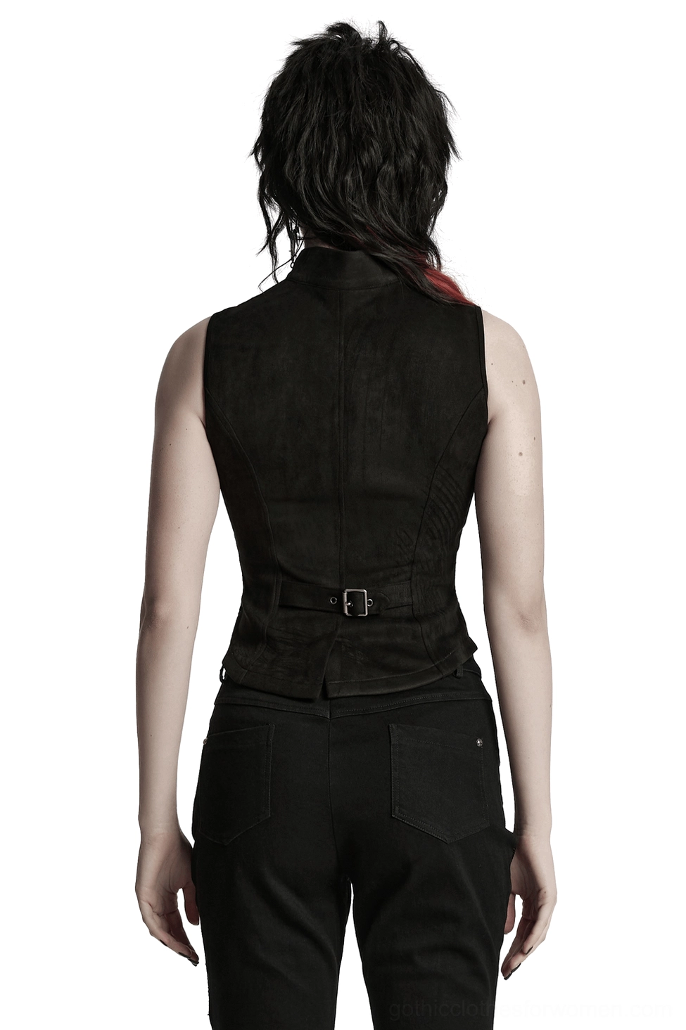 Black gothic buckle waistcoat rear view showcasing adjustable waist buckles, back mesh inserts, and slim-fitted silhouette, model wearing piece from behind