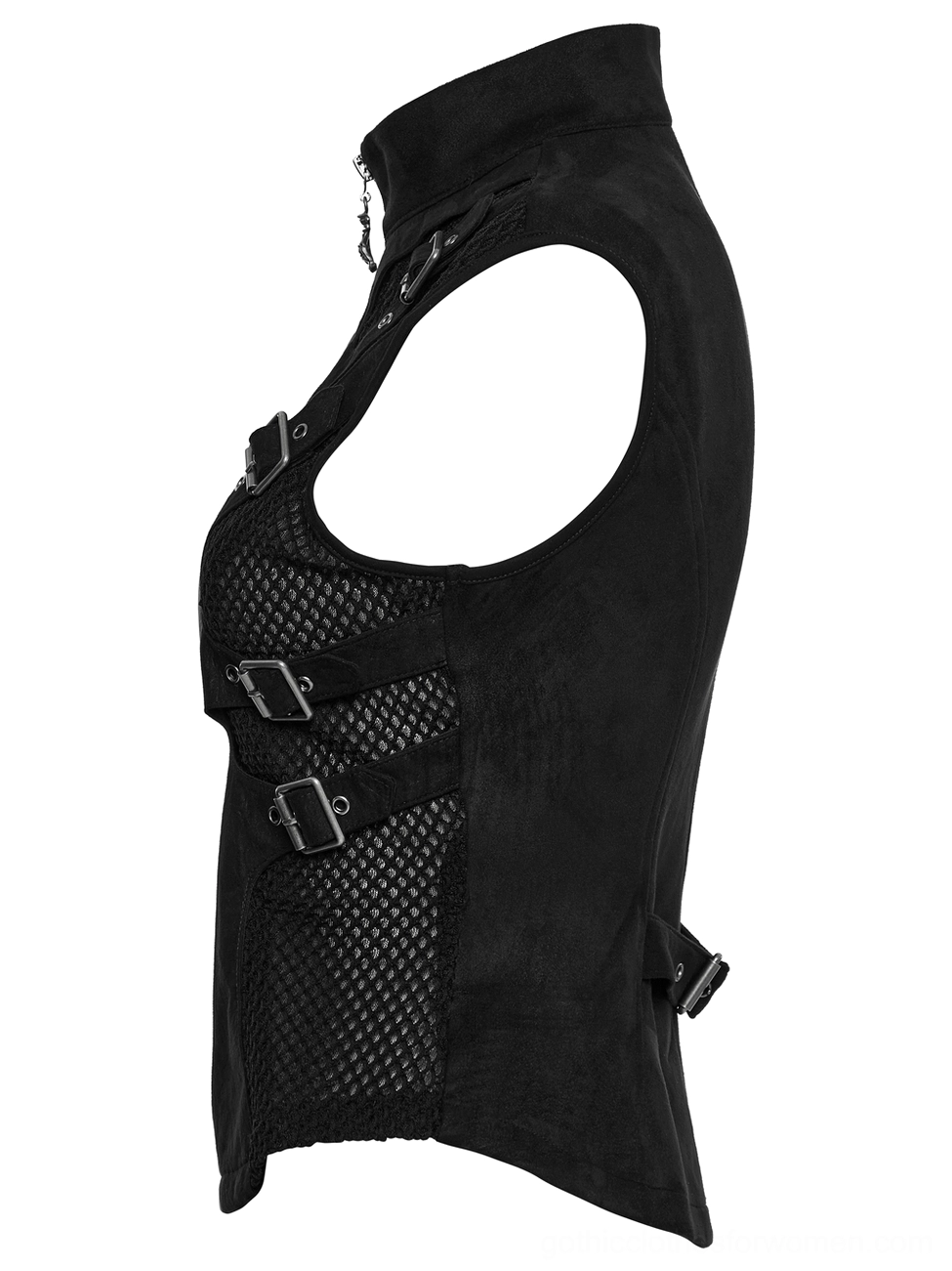 Side flat lay perspective of skeleton cutout gothic vest revealing cut armholes, adjustable buckle straps, mesh panel construction, and three-dimensional design elements