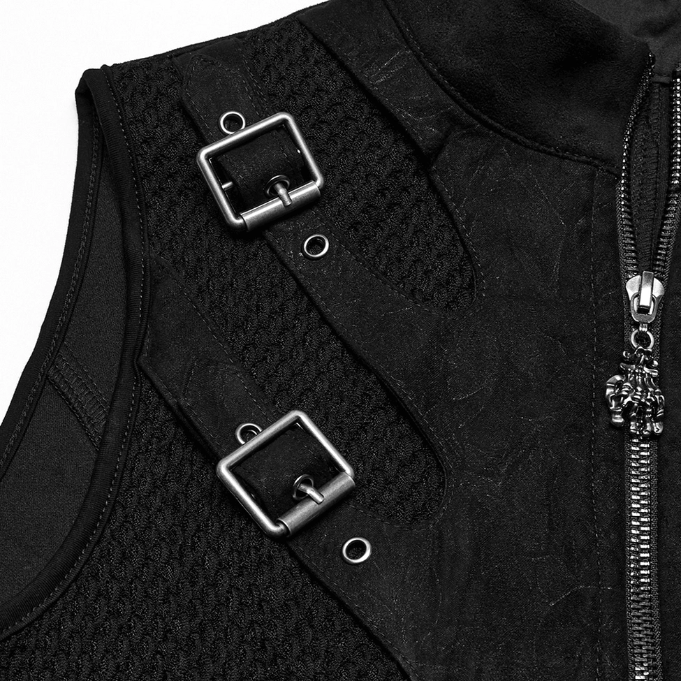Front detail shot of black gothic skeleton vest focusing on skull-shaped zipper pull, metal buckles, and mesh panel integration with suede straps