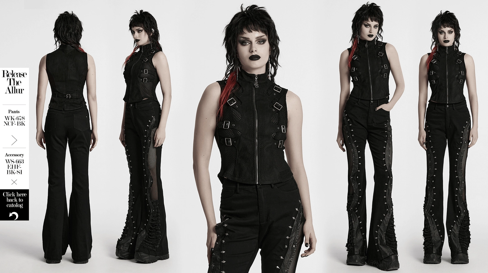 Comprehensive product flat lay of black gothic waistcoat from alternative angle, showcasing buckle hardware, mesh-suede construction, and full silhouette