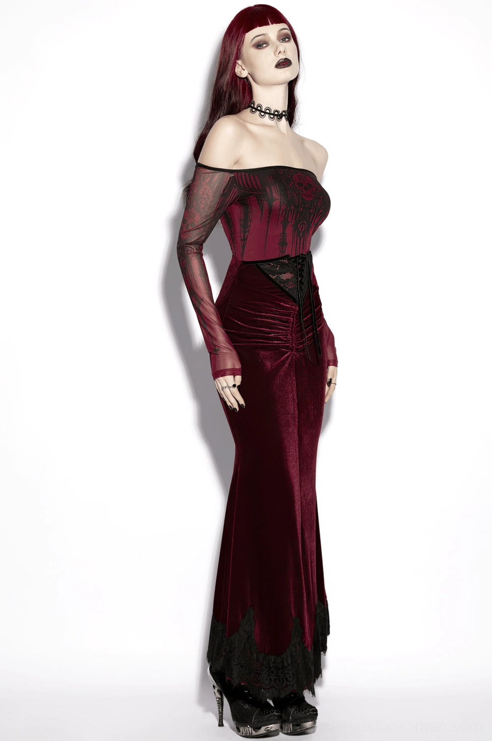 Gothic velvet mermaid skirt worn with alternative dark fashion accessories showcasing subculture aesthetic integration