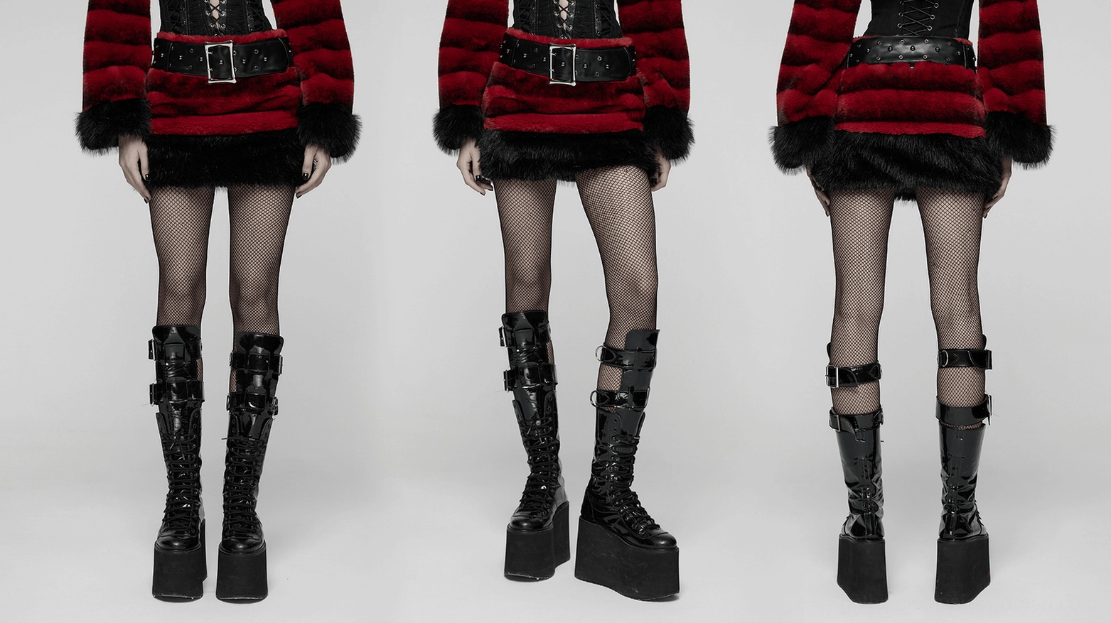 Alternative fashion styling of red faux fur gothic skirt with band merchandise and alternative accessories