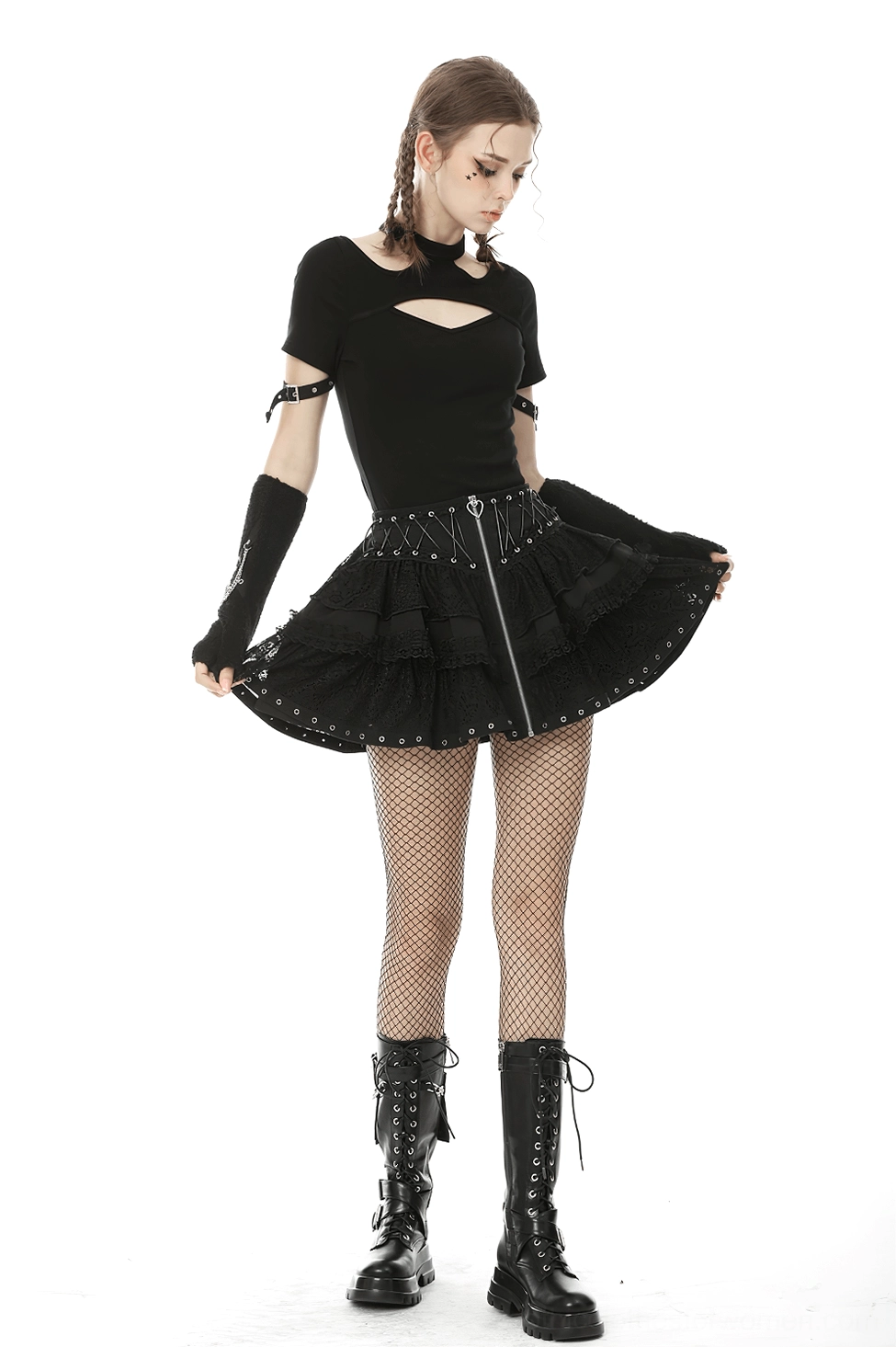 Black heart-laced gothic skirt alternative styling idea with band tee and dark romantic fashion aesthetic