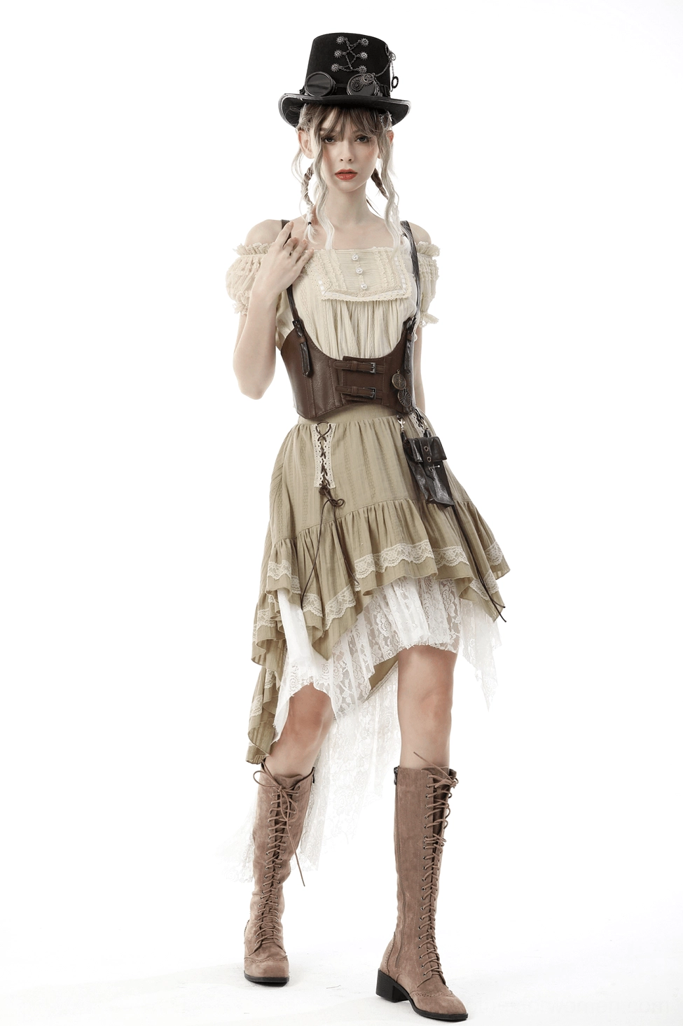 Gothic beige lace-up high-low ruffle skirt alternative styling showing dark aesthetic and subculture fashion compatibility