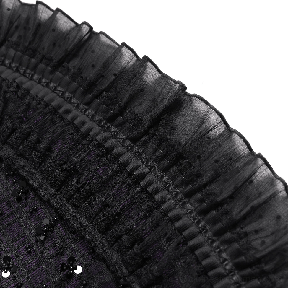 Black-purple gothic tulle skirt showing asymmetrical hemline design with flowing ruffles and sequin mesh overlay for movement and dramatic effect
