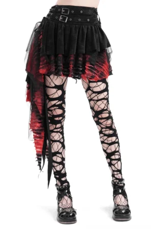 Red and black asymmetrical layered gothic skirt with dual buckle waistband and frayed tulle hem, front three-quarter view on female model