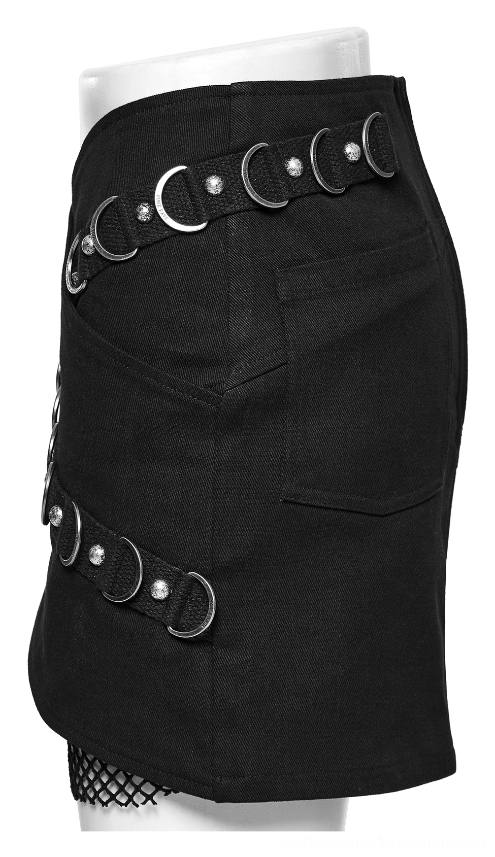 Black gothic utility mini skirt back view mannequin showing back zipper, flap pockets and D-ring hardware