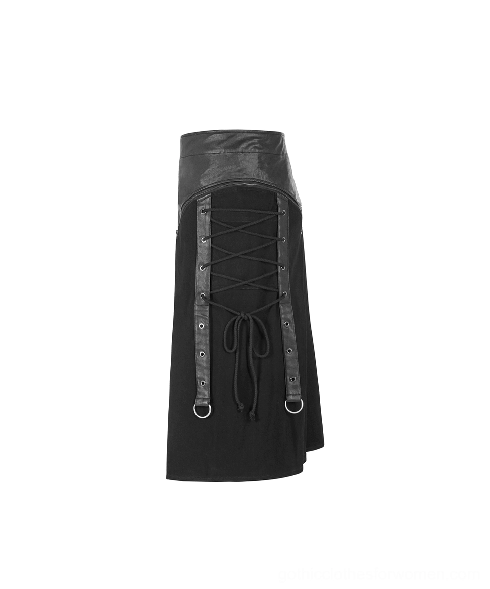 Back flat lay of Gothic detachable half kilt skirt displaying central lace-up fastening, leather trim, and metal D-ring reinforcements