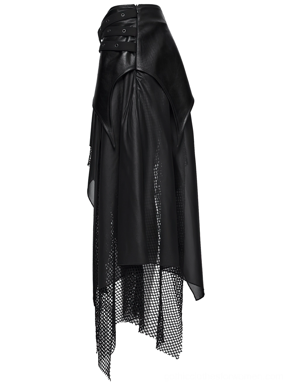 Black asymmetrical gothic skirt back view flat lay showing smooth faux leather fabric and layered mesh design