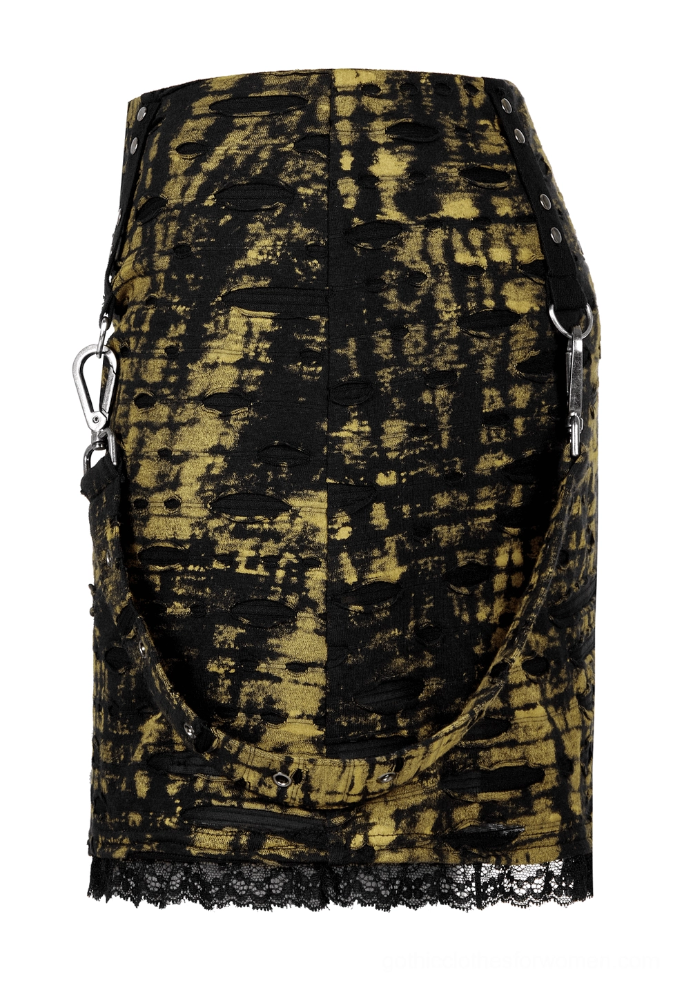 Back view flat lay product photo of gothic distressed mini skirt with ripped knit fabric and black lace hem detail